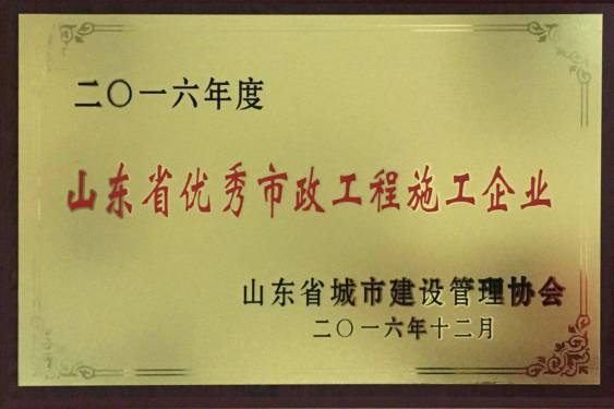 热烈祝贺我单位荣获2016年度“山东省优秀市政施工企业”[赞