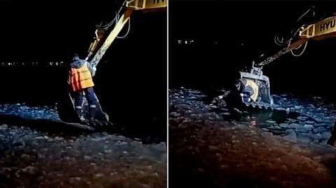 小狗掉进冰湖叫声凄惨性命垂危，俄罗斯建筑工人开挖掘机救狗
